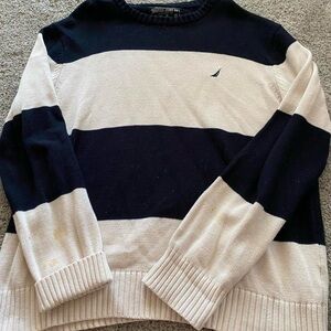 Nautica Navy Blue and White Striped Sweater